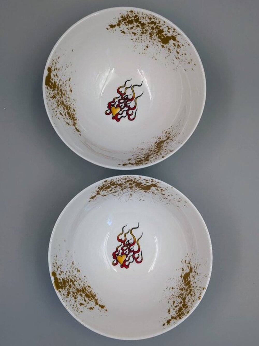 Ed Hardy Tattoo Flash Flaming Heart Gold Splatter Ceramic Bowls - Set of 2
